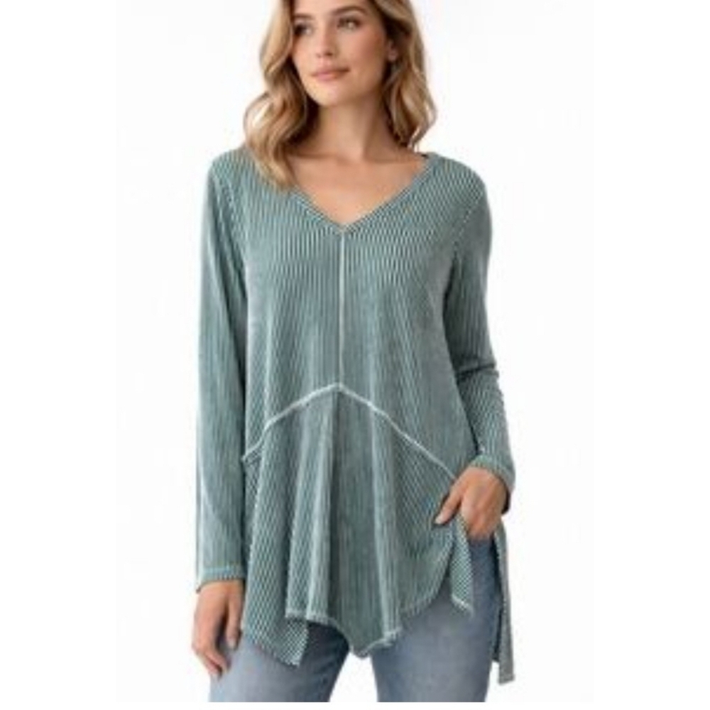 Zenana Striped Asymmetrical Hem Vneck Tunic Top